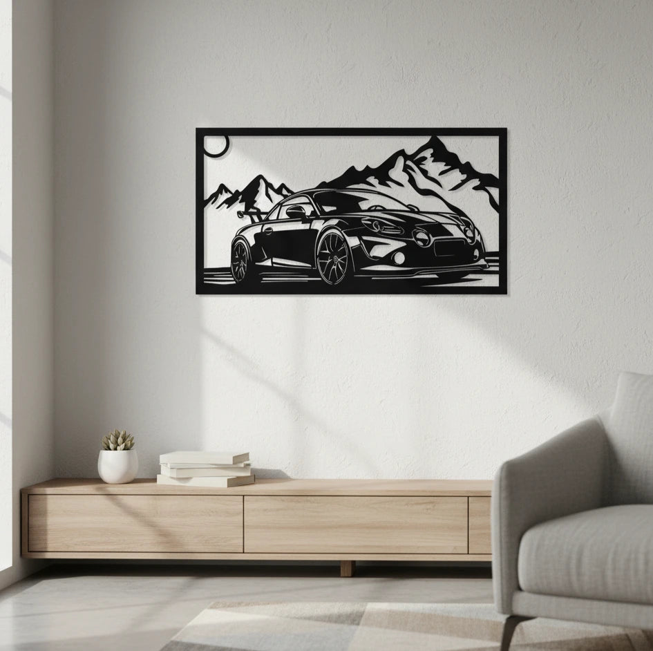 Framed artwork of a car on a mountain background in a modern living room.