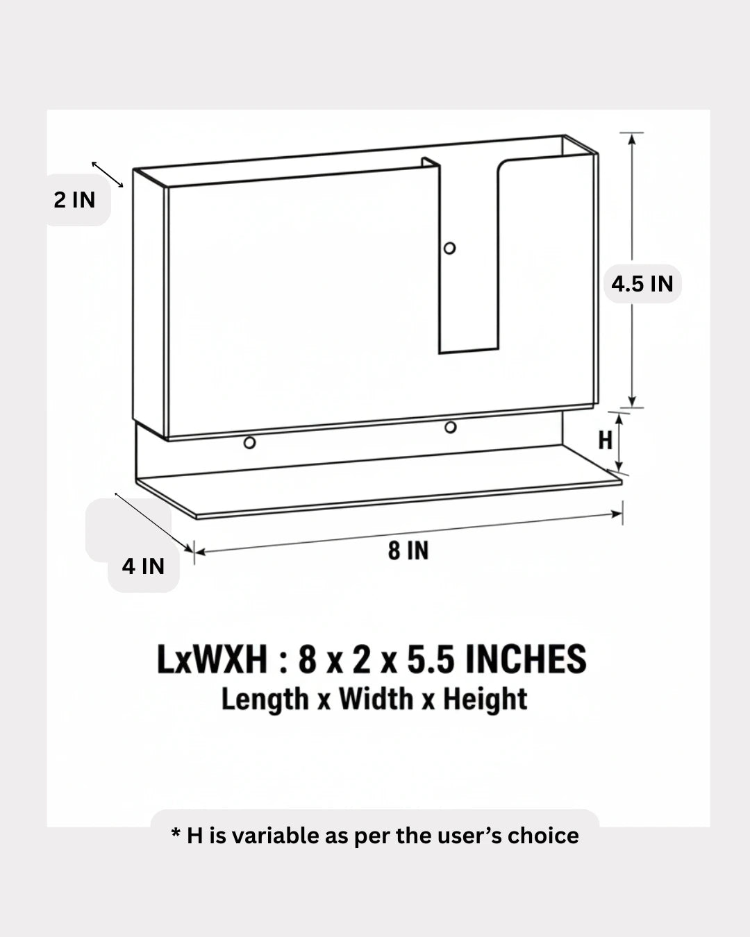 Dimensions of a rectangular Device Holder with labeled dimensions on a white background