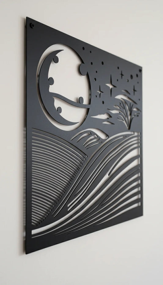 Decorative metal wall art with cut-out design of a moon, stars, and landscape on a white background
