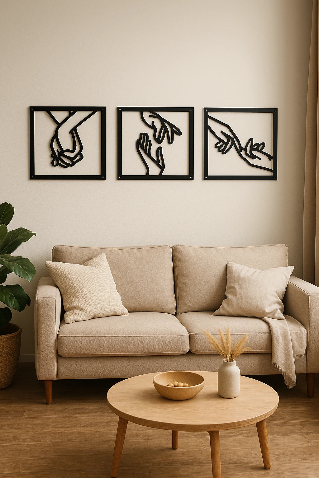 Living room with beige sofa, wooden coffee table, and wall art of hands
