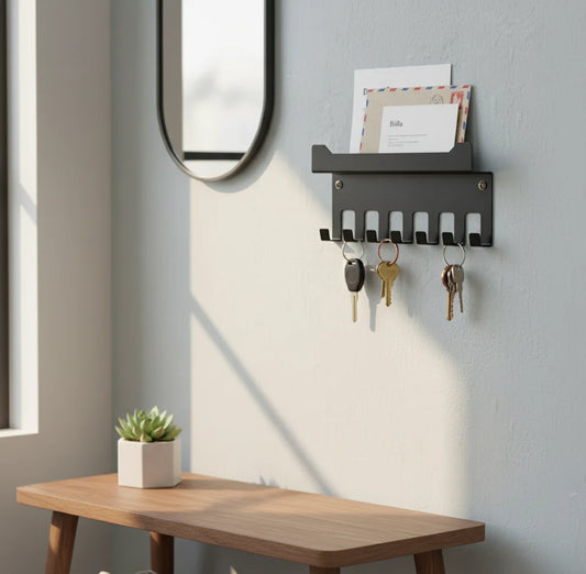 Wall-mounted key holder with keys and a small shelf above a wooden table.