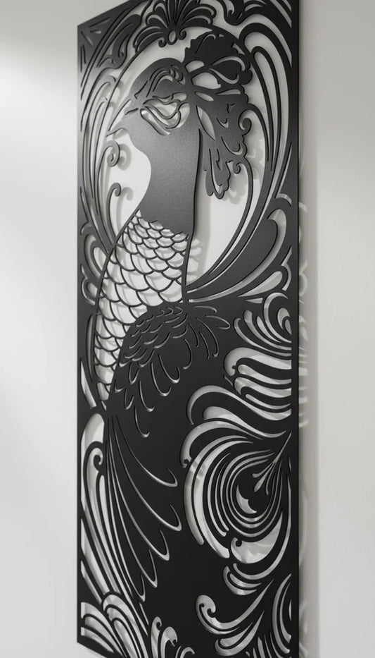 Decorative metal panel with peacock design on a plain background