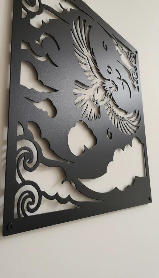 Decorative wall panel with cut-out design of a bird and clouds on a white background