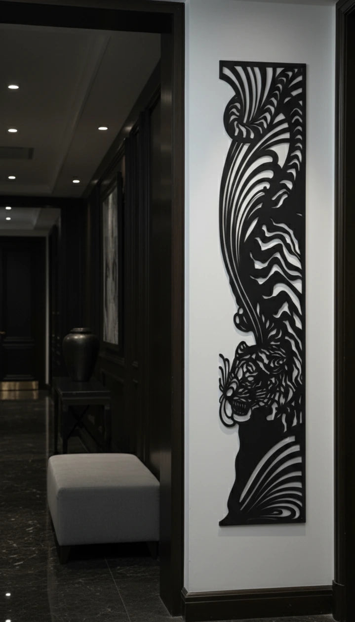 Decorative wall art with a tiger design on a white wall in a modern interior setting.