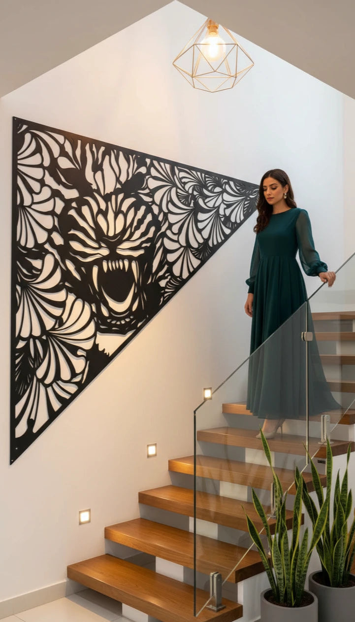 Woman standing on a staircase next to a decorative wall panel with a tiger design.