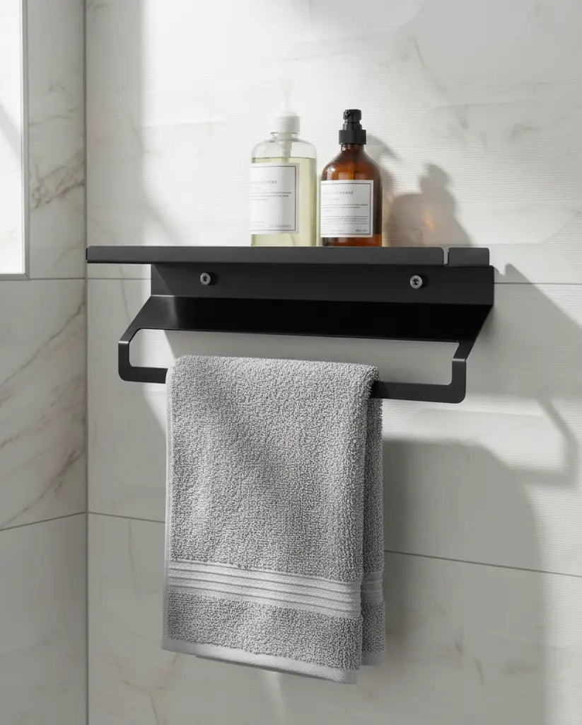 Black towel rack with a gray towel and toiletries on a marble wall.