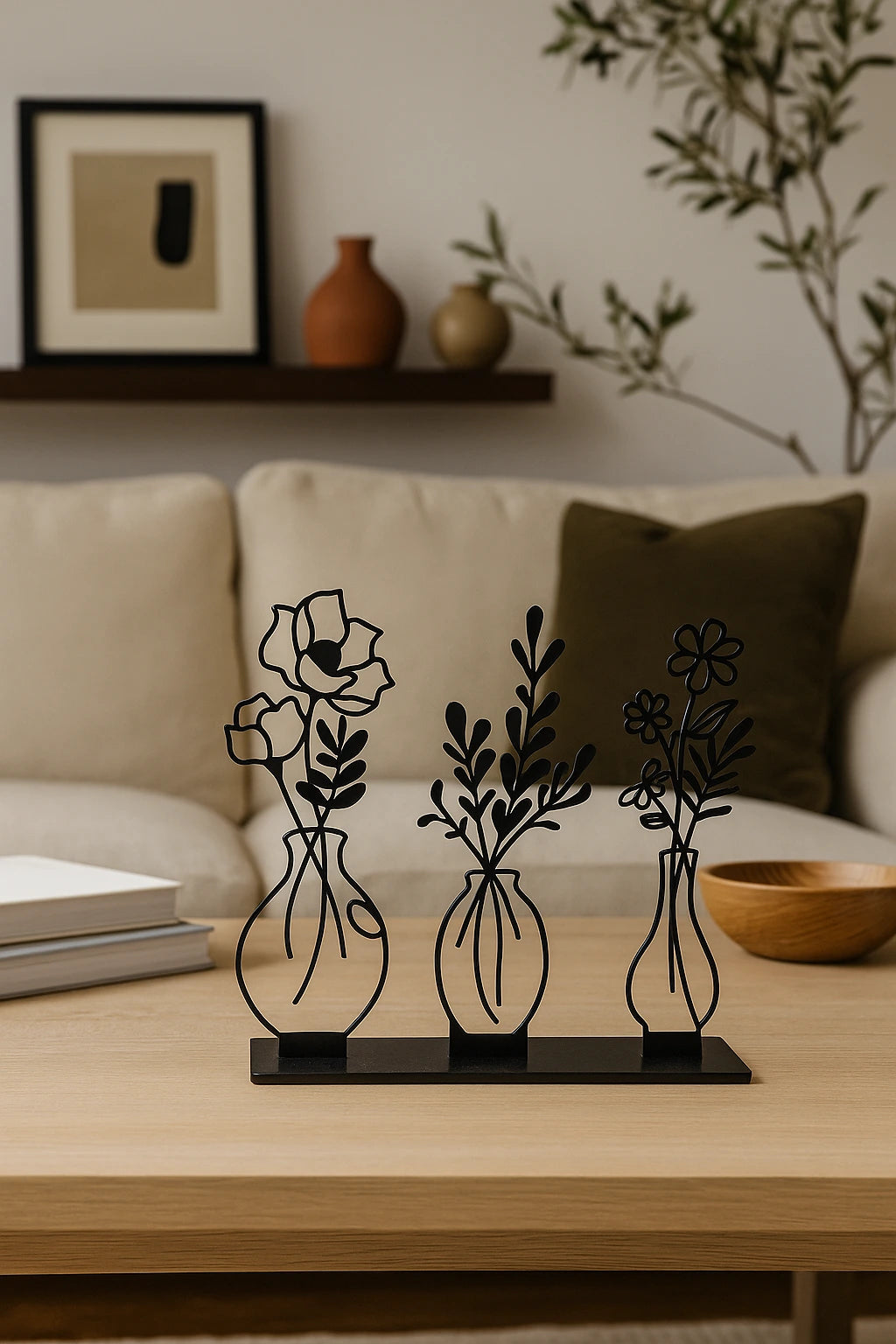Decorative metal flower arrangement on a wooden table with a cozy living room background.