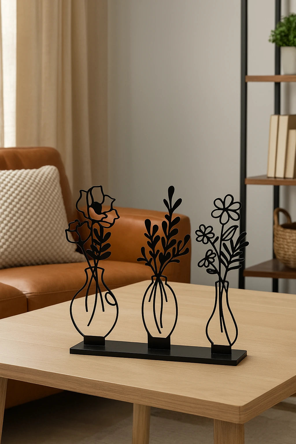 Decorative metal vase set on a wooden table with a living room background
