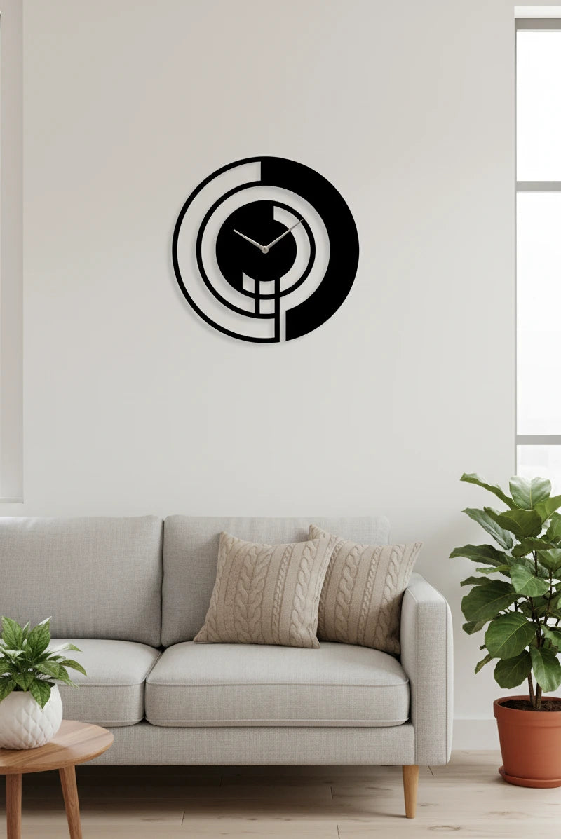 Modern wall clock on a white wall above a gray sofa with decorative pillows.