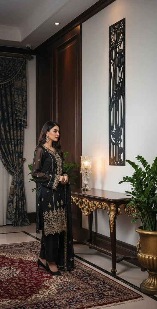 Woman in a black and gold traditional outfit standing in a room with decorative elements.