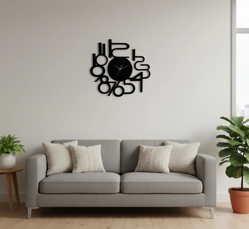 Black wall clock with unique design on a white wall above a gray sofa.