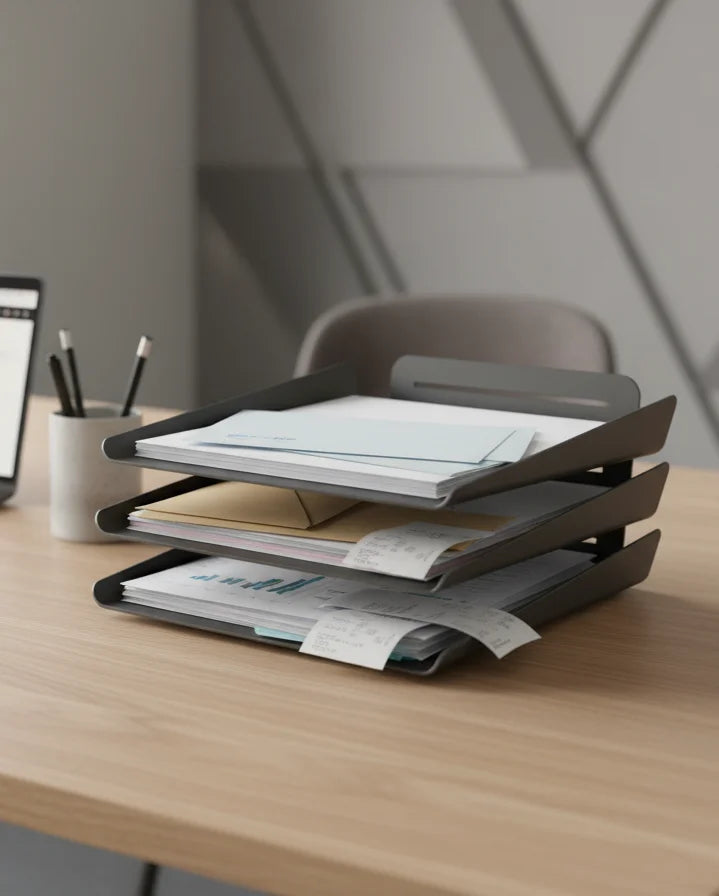 Three-tiered black desk organizer with papers on a wooden desk.