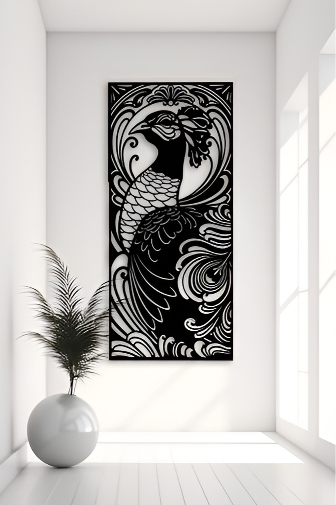 Black and white abstract wall art piece on a white wall in a minimalistic room.