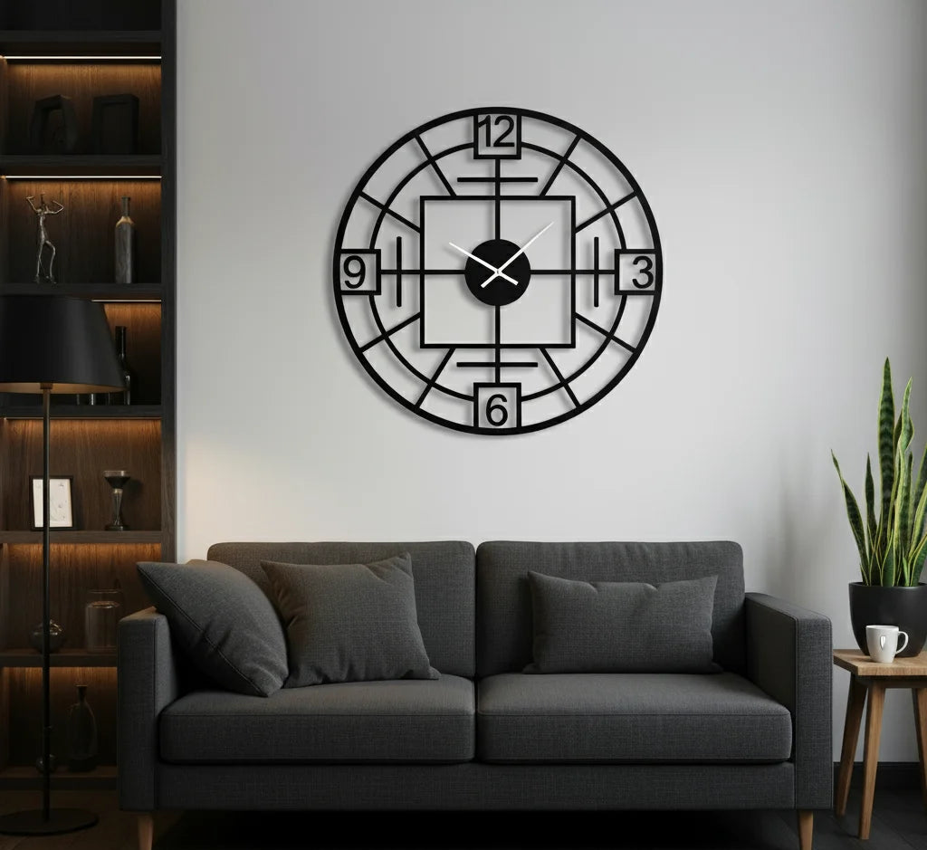 Decorative wall clock on a wall above a gray sofa in a living room setting.