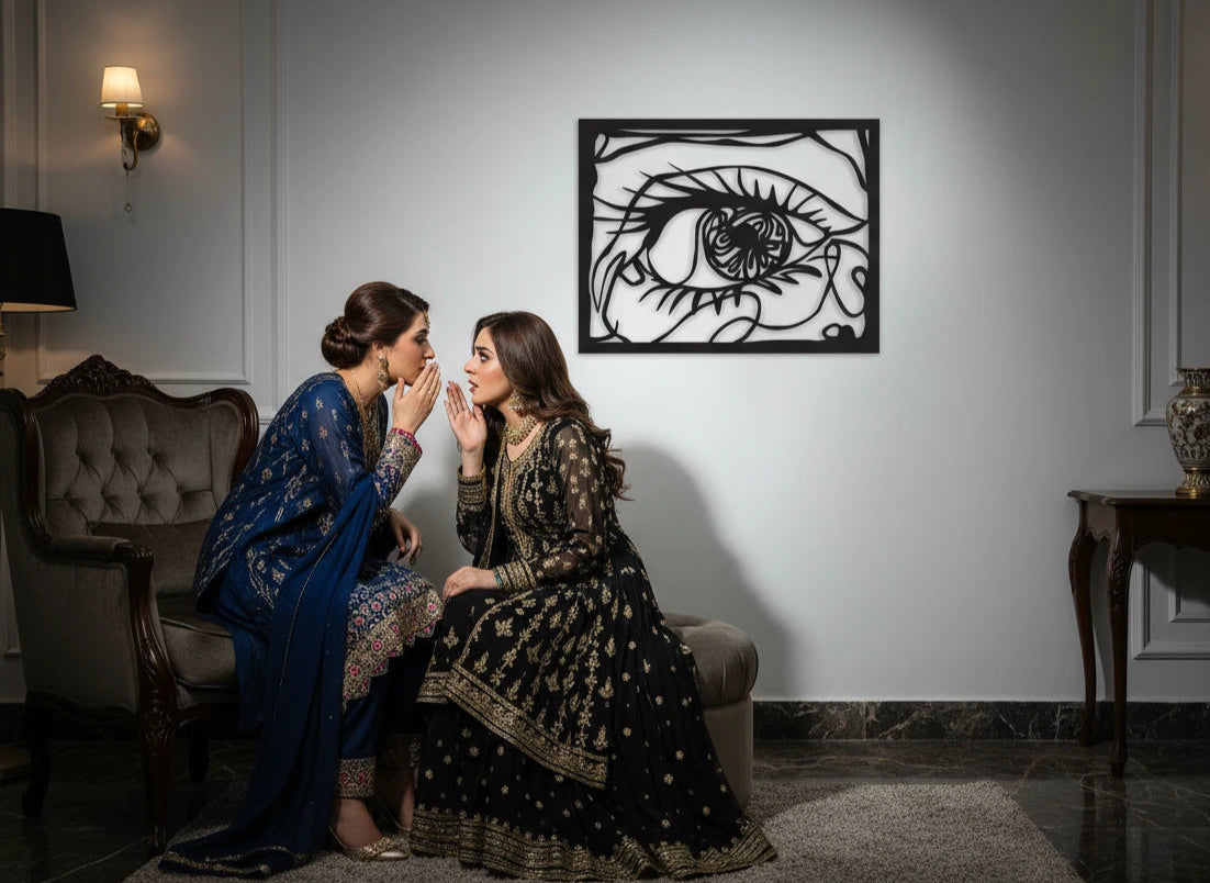 Two women in traditional attire sitting in a room with a decorative metal wall piece.