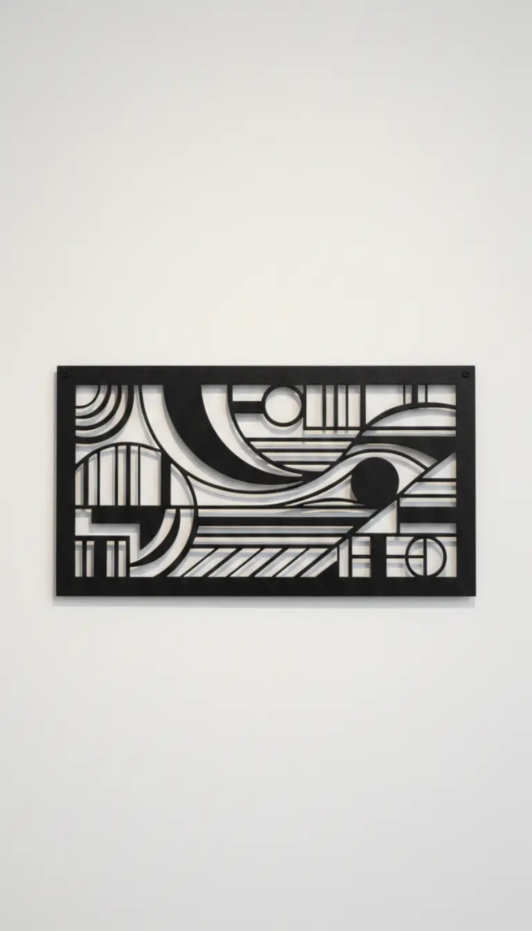 Black and white geometric abstract art piece on a light gray wall