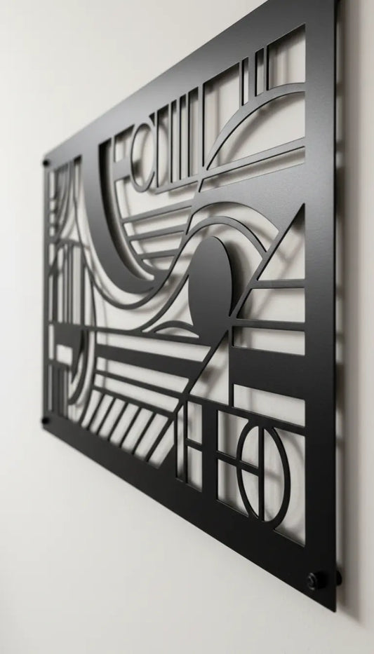 Decorative metal wall art with geometric design on a white background