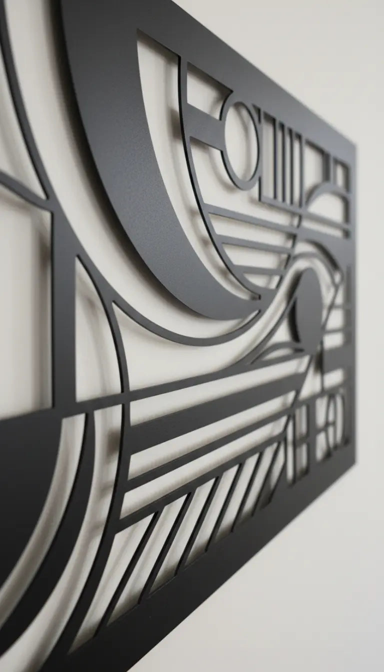 Decorative wall art with geometric cut-out design on a plain background