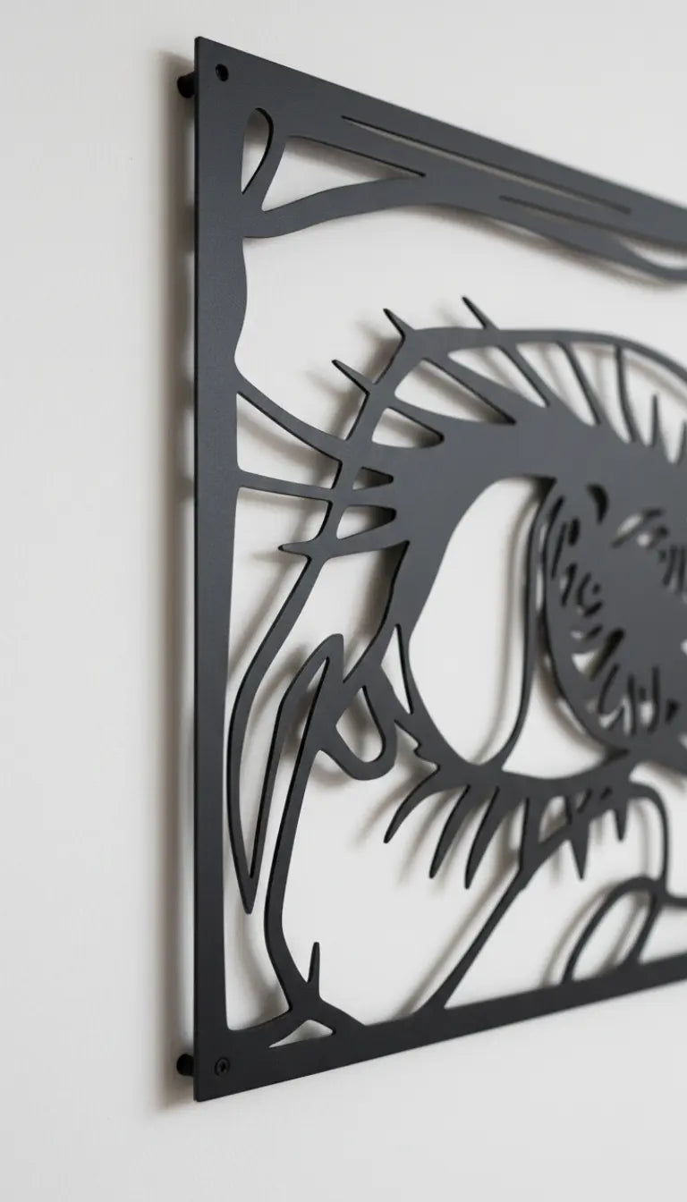 Decorative metal wall art with a stylized eye design on a plain background