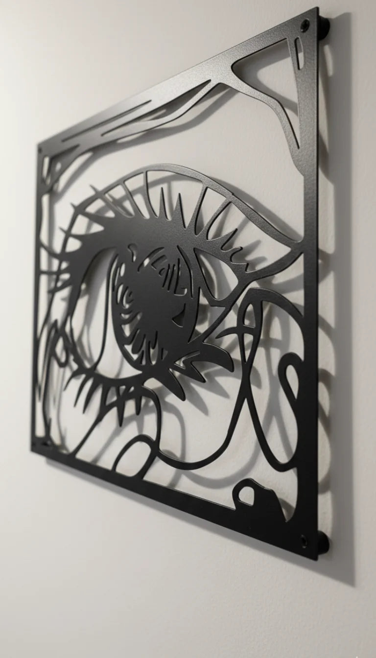 Decorative metal wall art with a stylized eye design on a white background
