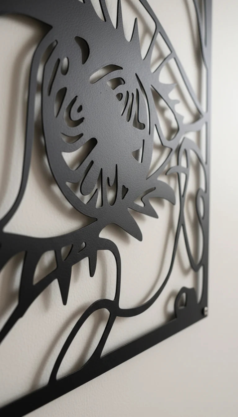Decorative metal wall art with intricate cut-out design on a plain background