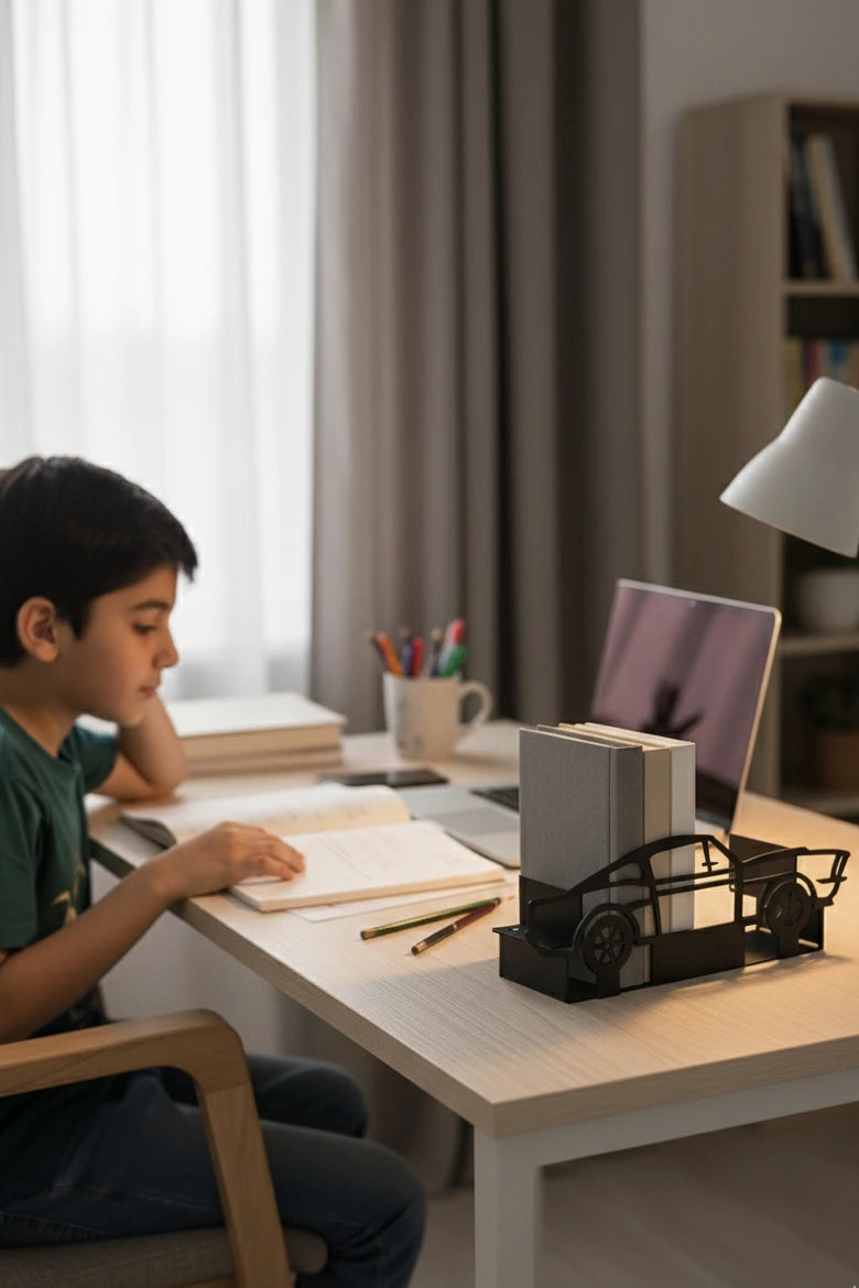 Child studying at a desk with books and a laptop in a home setting. book holder table decoration beside him
