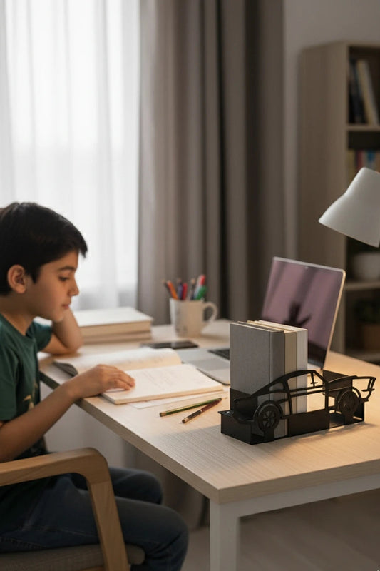 Child studying at a desk with books and a laptop in a home setting. book holder table decoration beside him