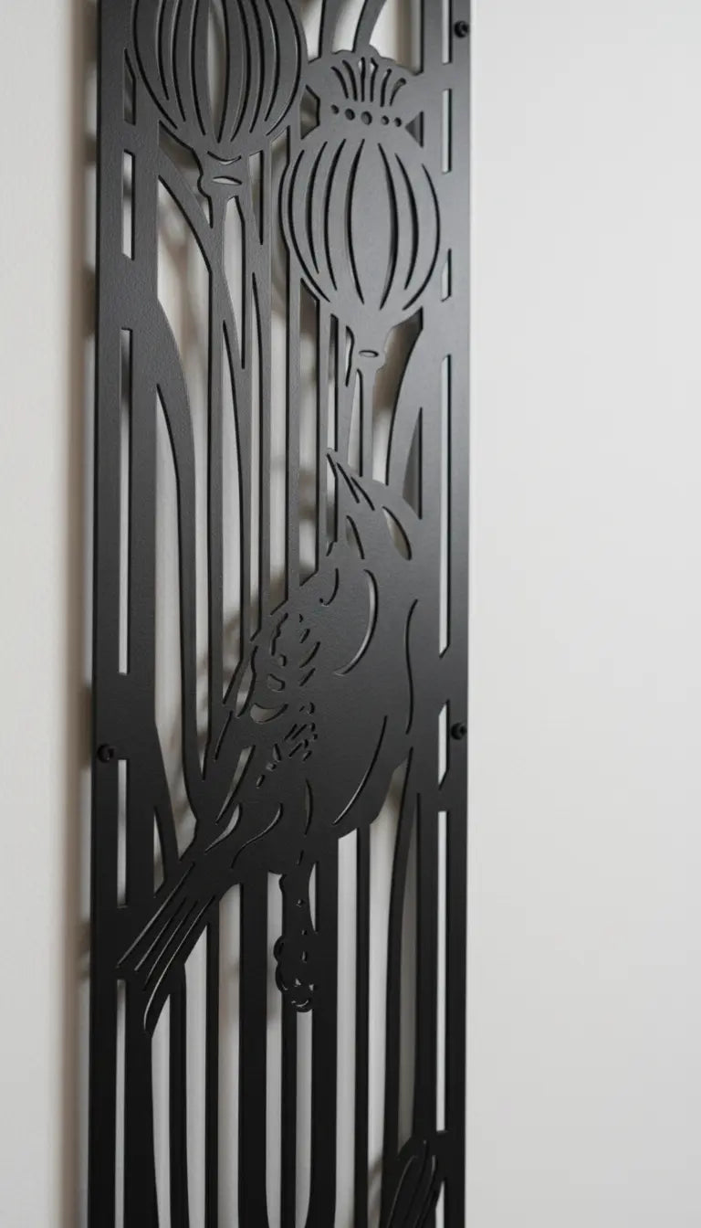 Decorative metal panel with cut-out designs of a bird and flowers on a white background