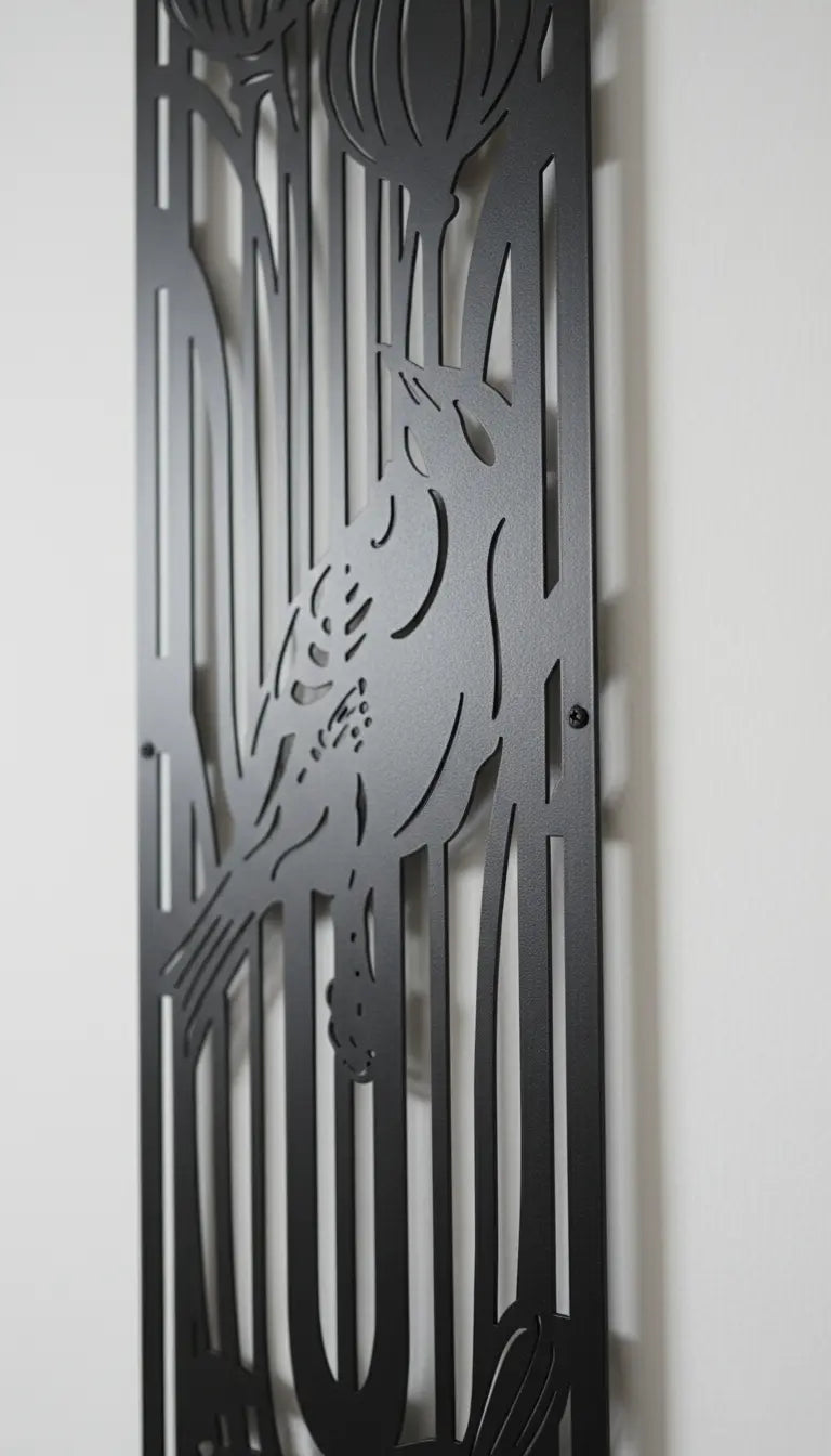 Decorative metal panel with cut-out bird design on a white background