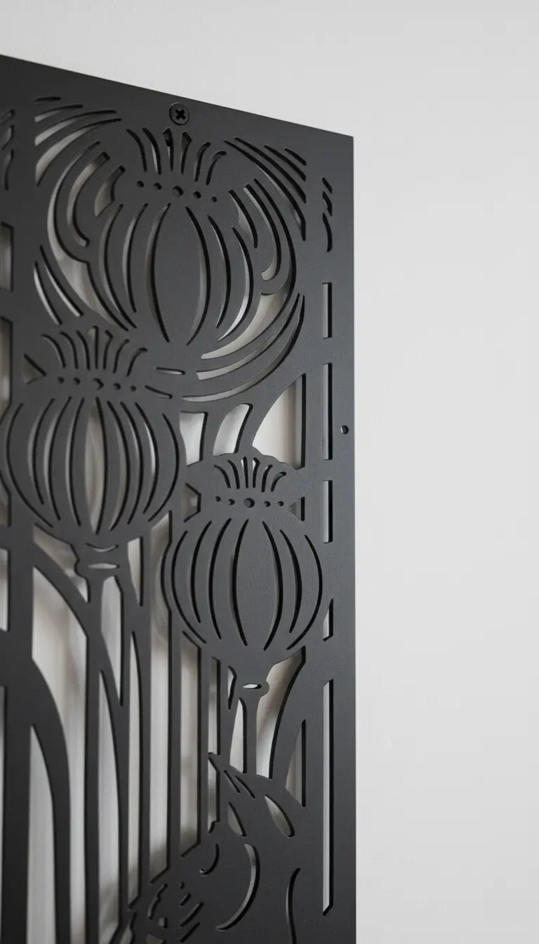 Decorative metal panel with floral patterns on a white background