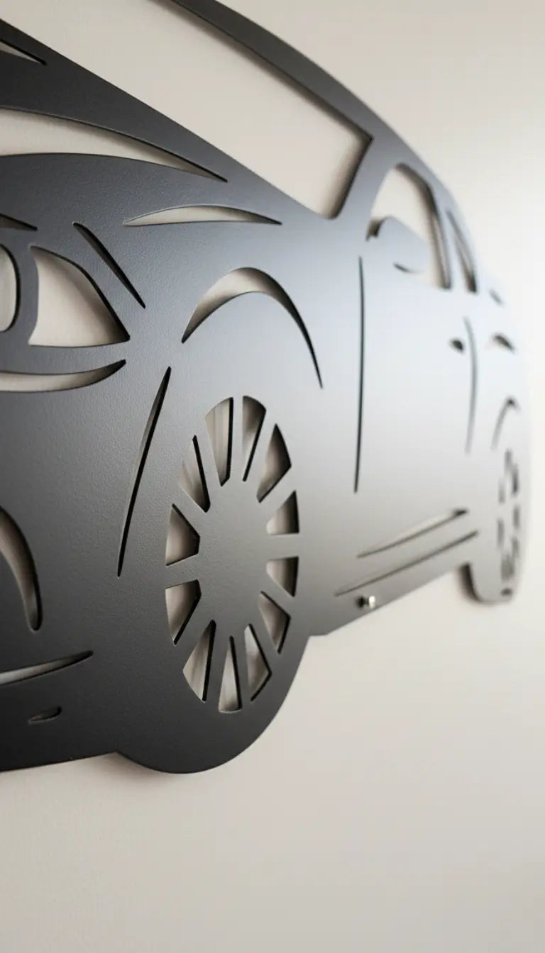Metallic car-shaped decorative wall art on a plain background