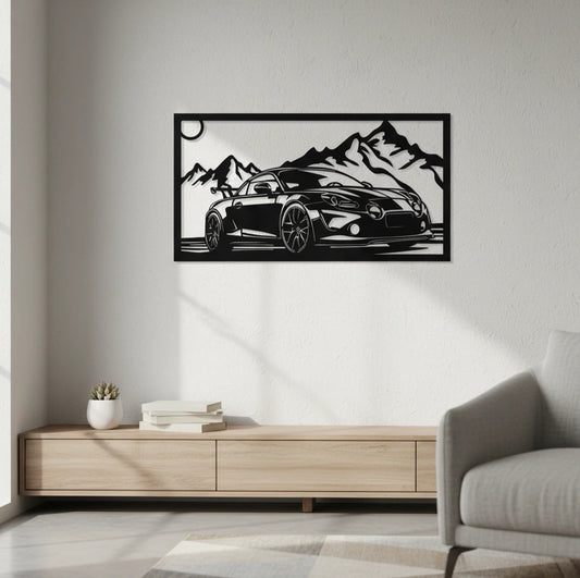 Framed artwork of a car on a mountain background in a modern living room.