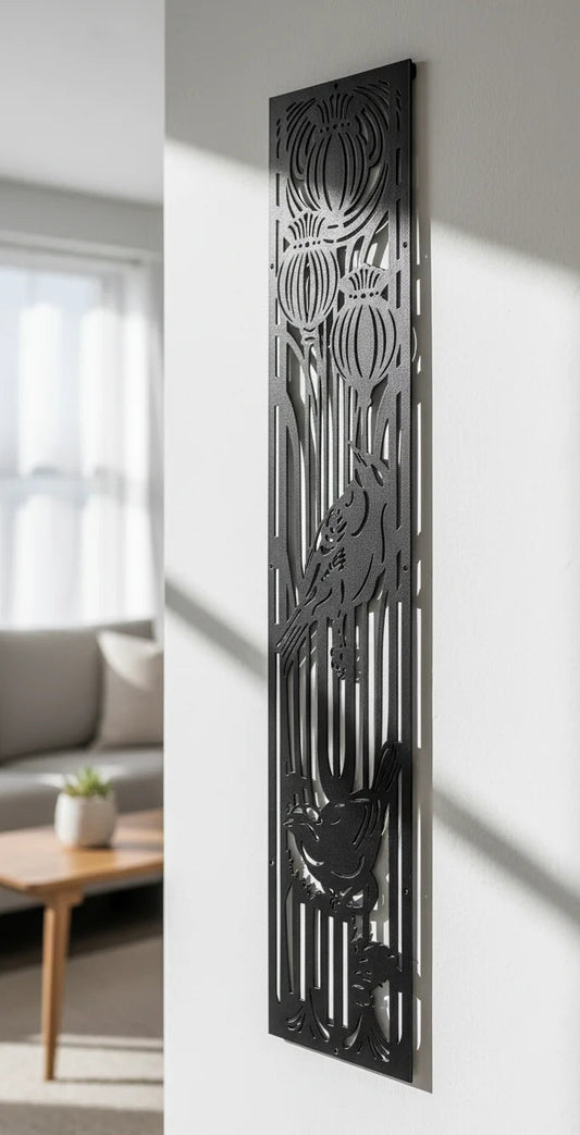 Decorative metal panel with intricate cut-out patterns on a wall in a modern living room.