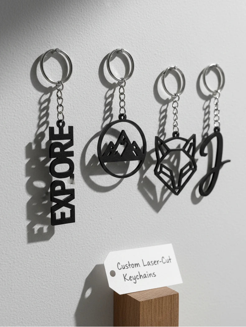 Four custom laser-cut keychains on a stand with a 'Custom Laser-Cut Keychains' tag.