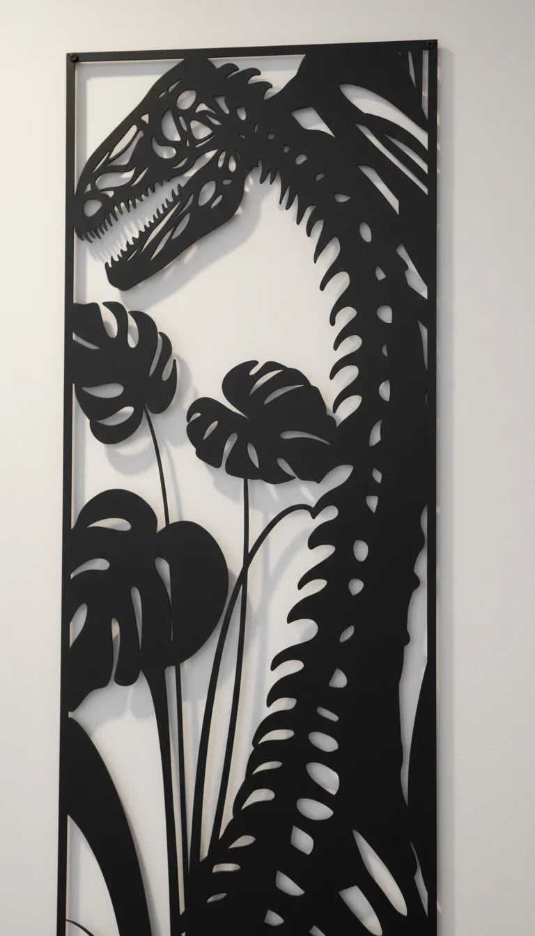 Decorative wall art with dinosaur skeleton and tropical plants on a white background