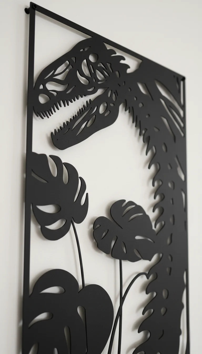 Decorative metal wall art with dinosaur skull and tropical leaves on a white background