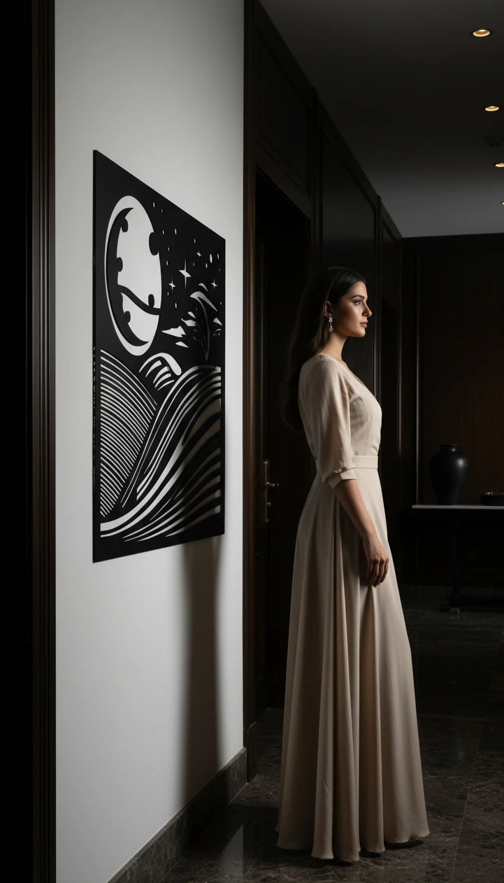 Woman in a long, light-colored dress standing in a dimly lit room with a decorative wall piece.