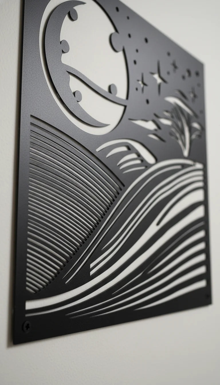 Decorative wall art with cut-out design of a moon and waves on a white background