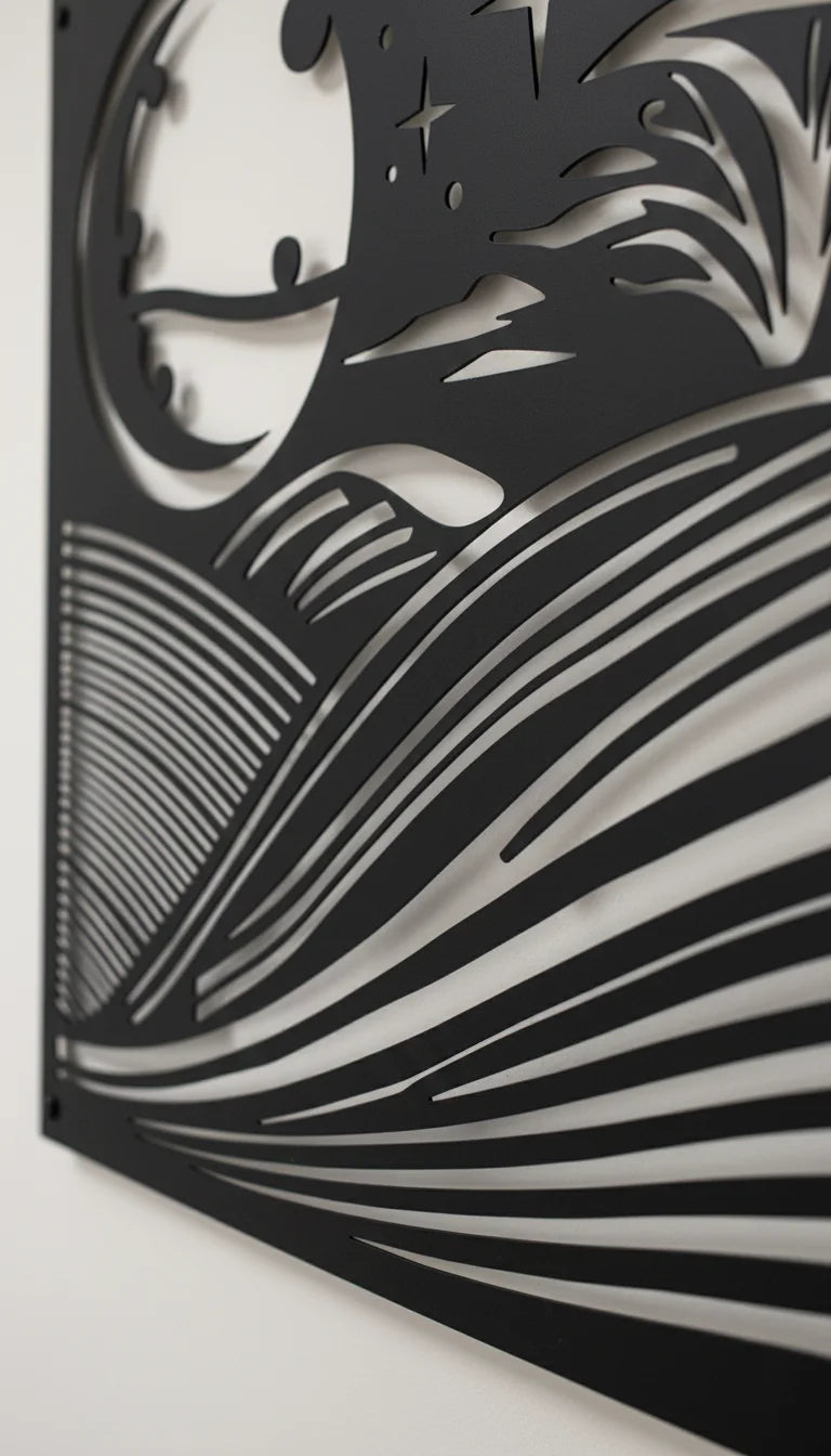 Decorative wall art with cut-out design of a moon, stars, and abstract shapes on a black background.