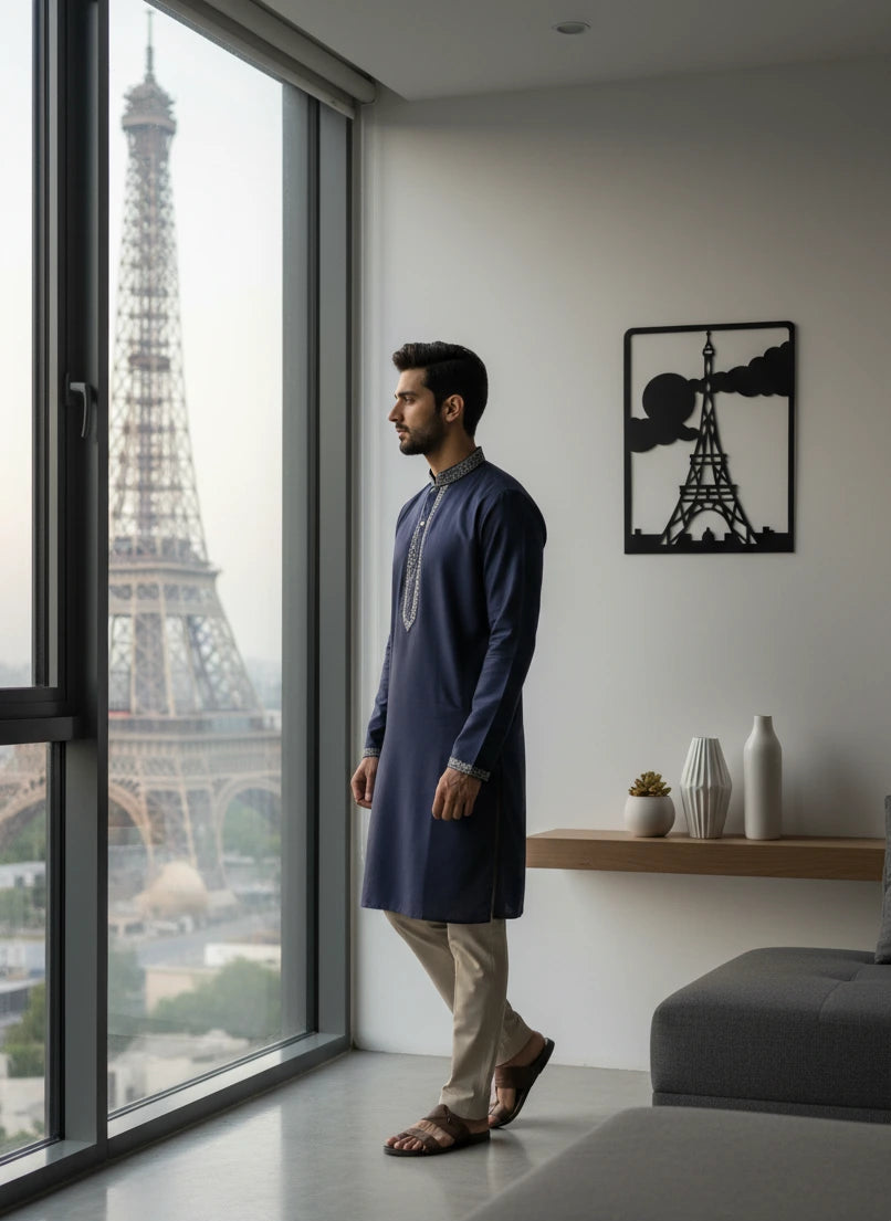 Man standing in a modern living room with a view of the Eiffel Tower.