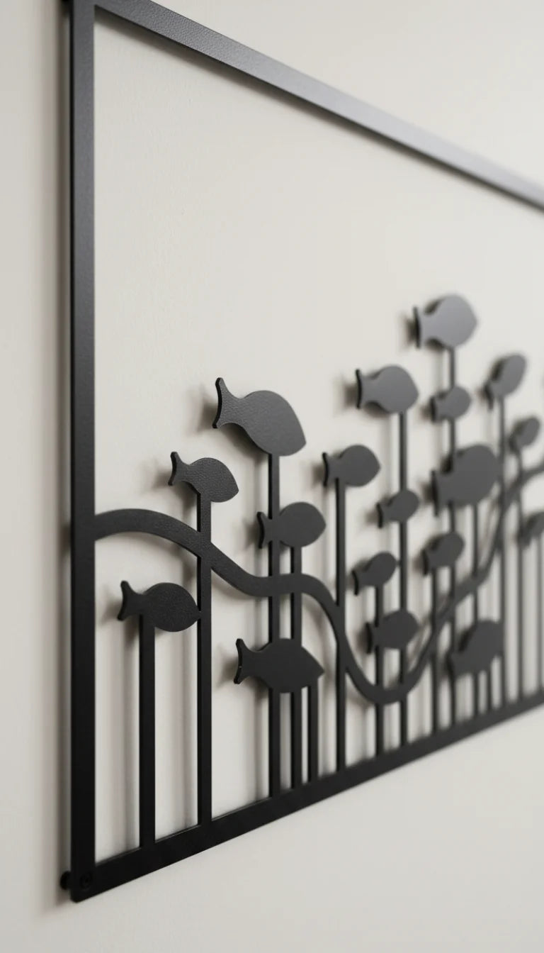 Decorative metal wall art with abstract design on a white background