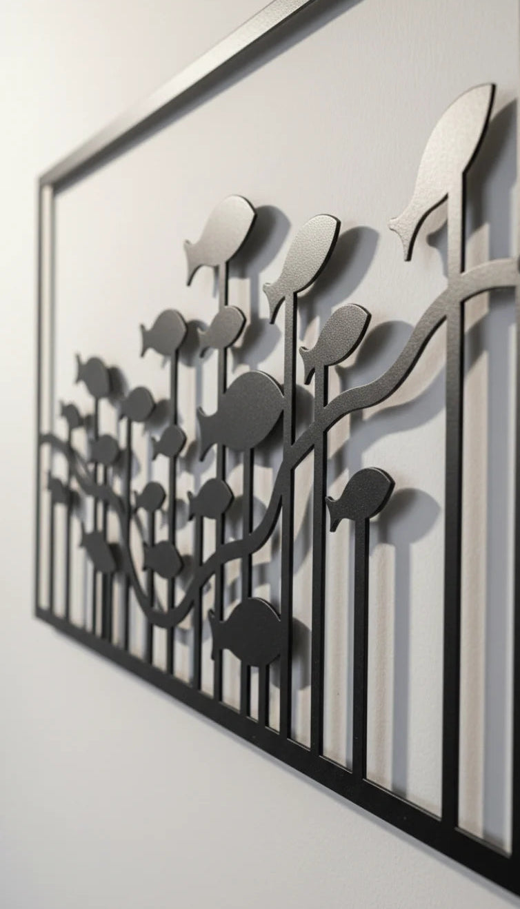 Decorative metal wall art with abstract design on a white wall