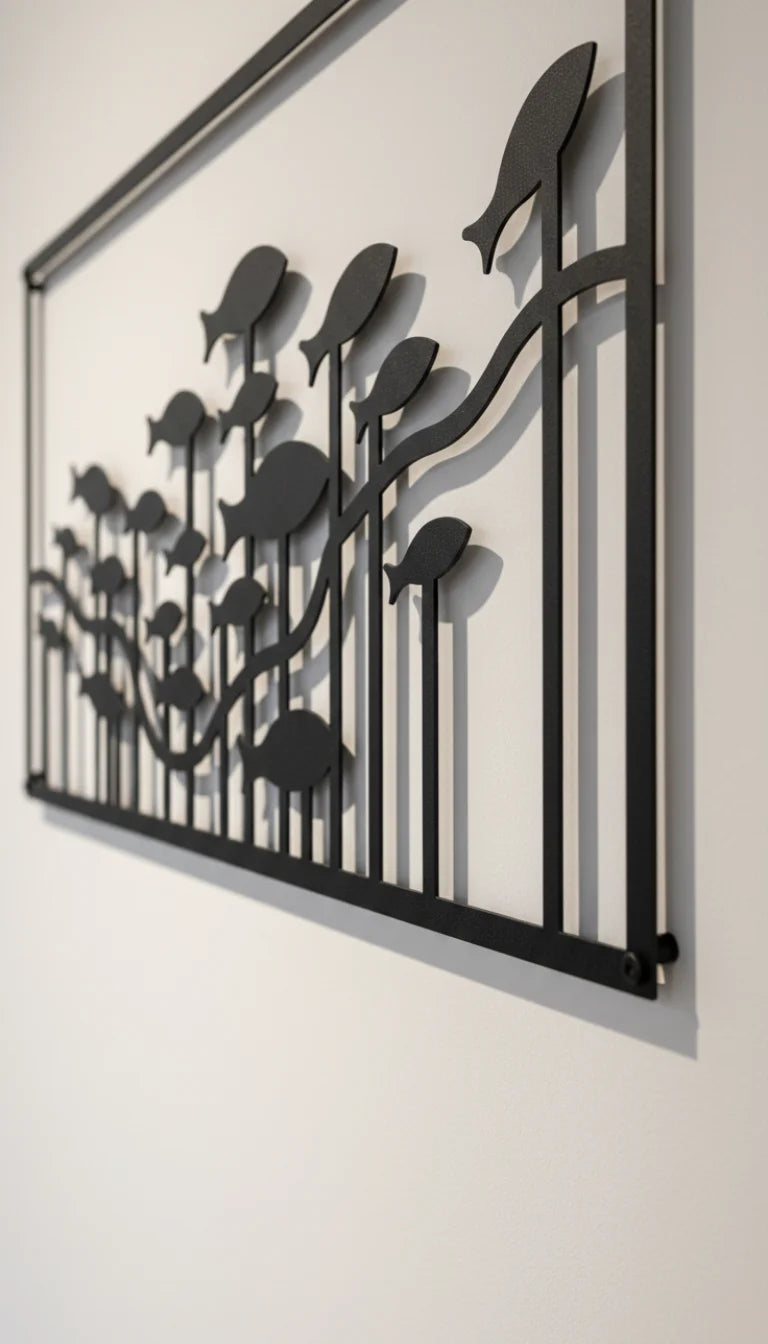 Decorative metal wall art with black cut-out designs on a light gray background