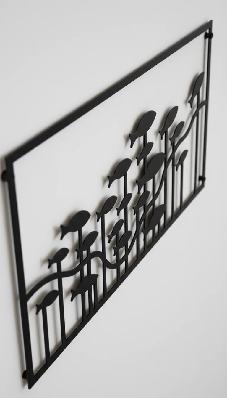 Decorative metal wall art with leaf patterns on a white background