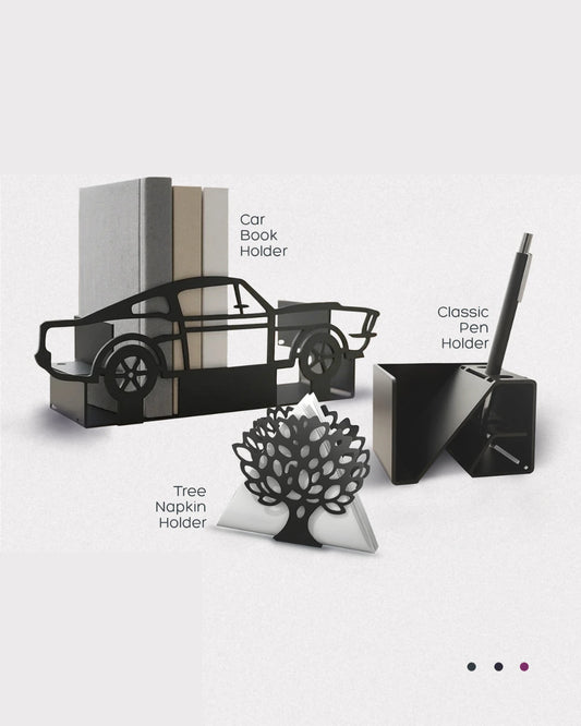 Set of three decorative holders: car book holder, tree napkin holder, and classic pen holder on a white background.