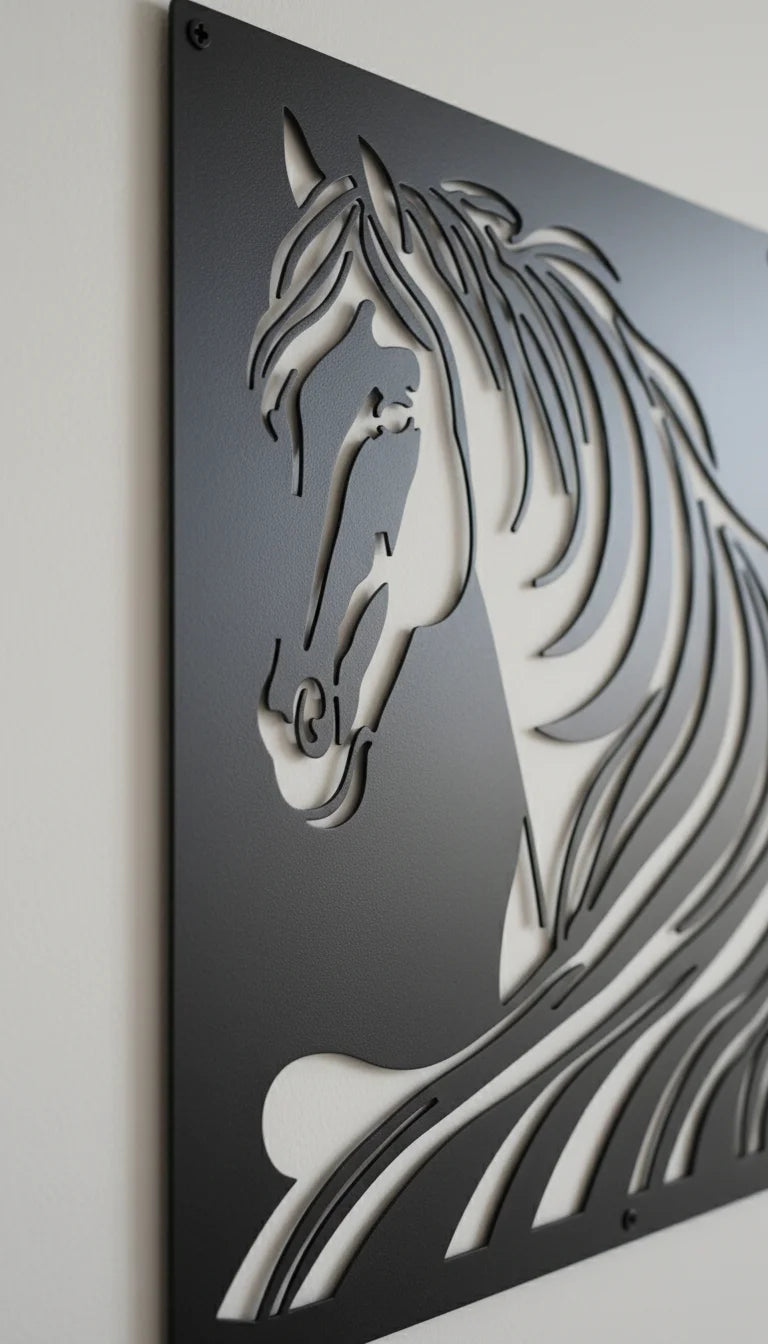 Metal wall art of a horse's head on a gray background
