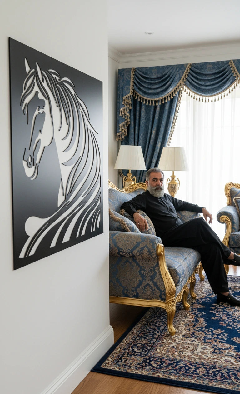 Man sitting on a decorative chair in a room with a horse sculpture and ornate curtains.