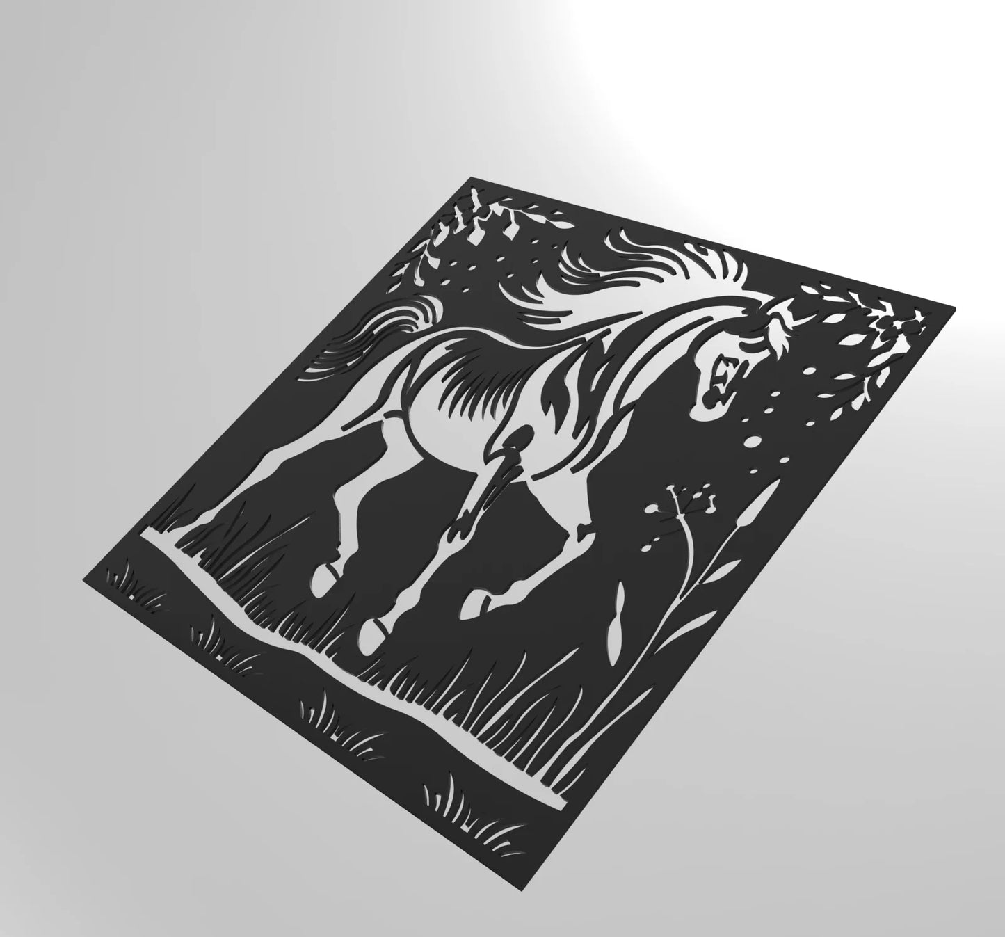 Black and white cutout of a horse on a gray background