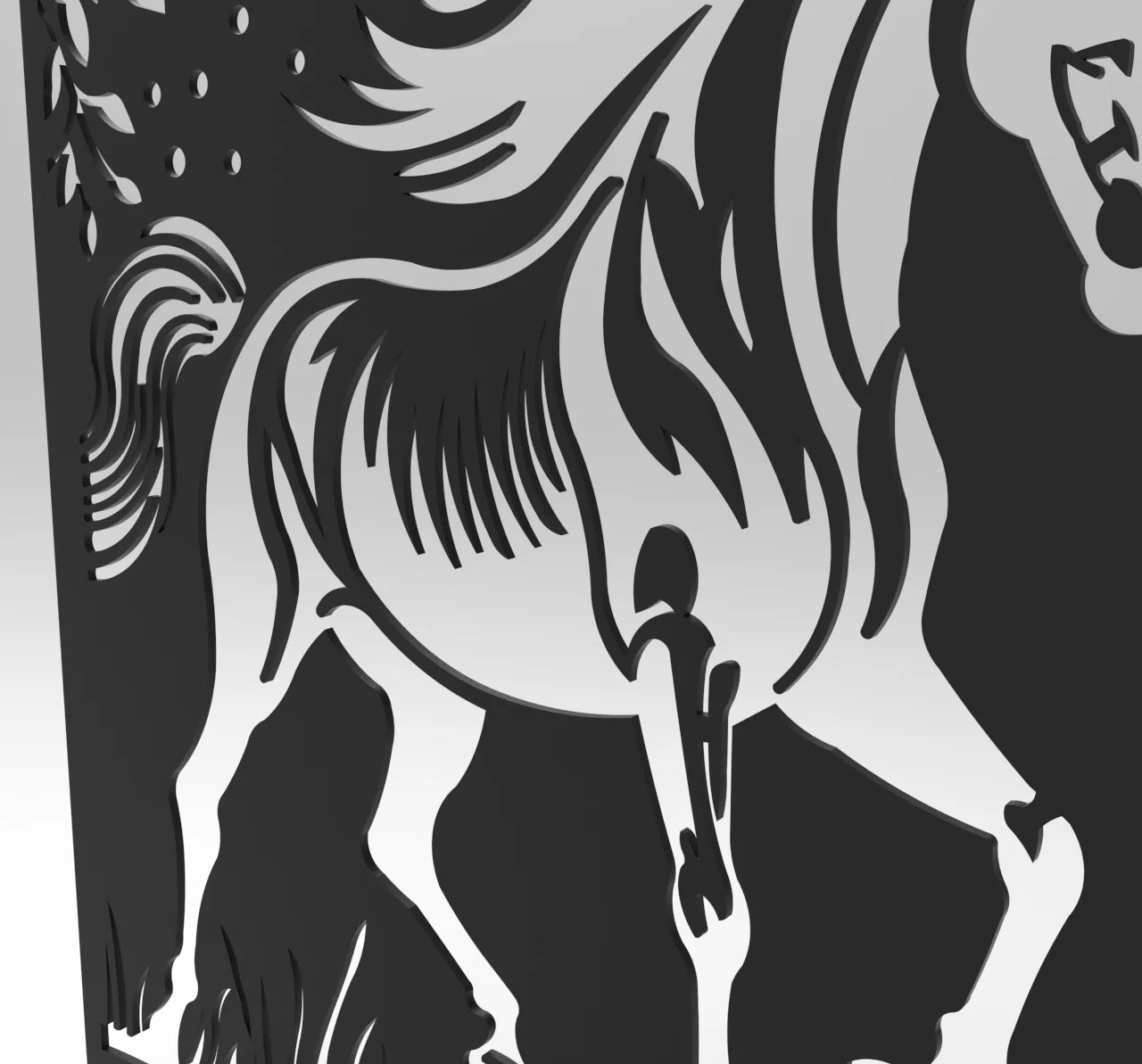 Black and white illustration of a horse with a torch, possibly symbolizing freedom or resistance.