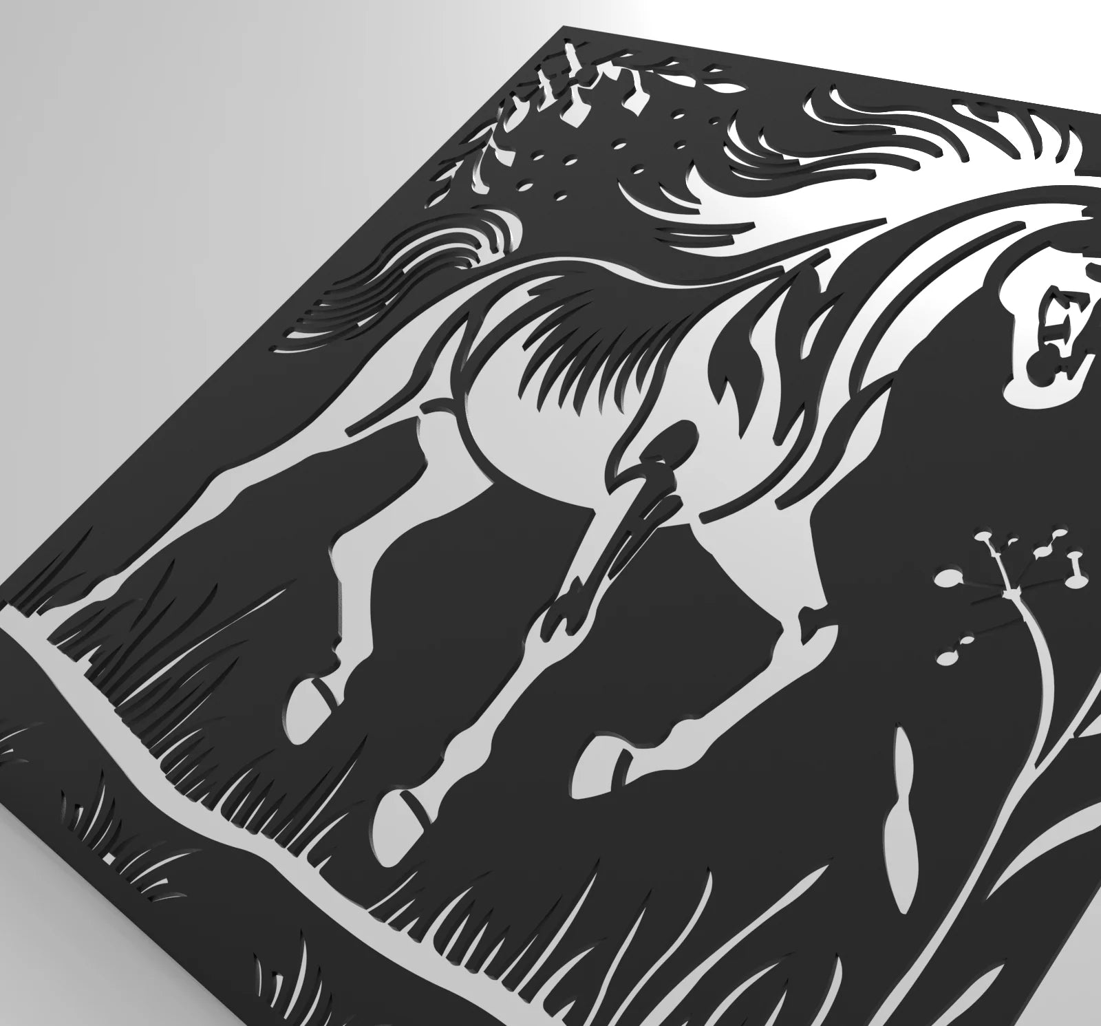 Black and white cutout of a horse running on a black background